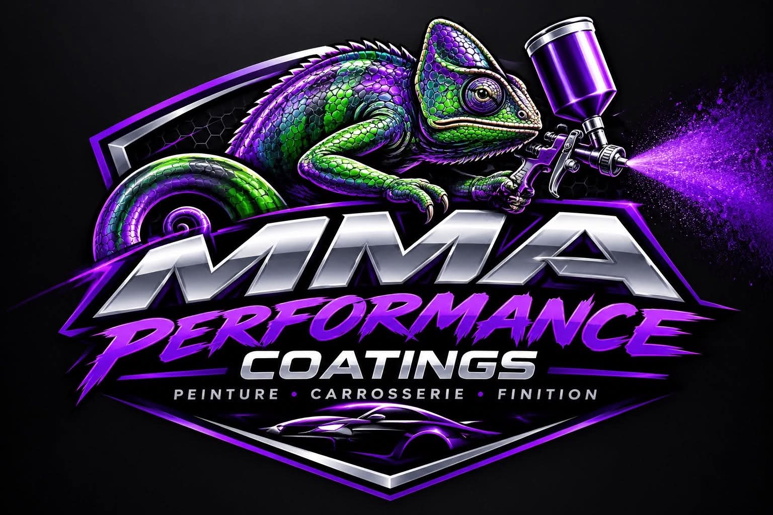 MMA Performance Coatings logo: a chameleon holding a spray gun